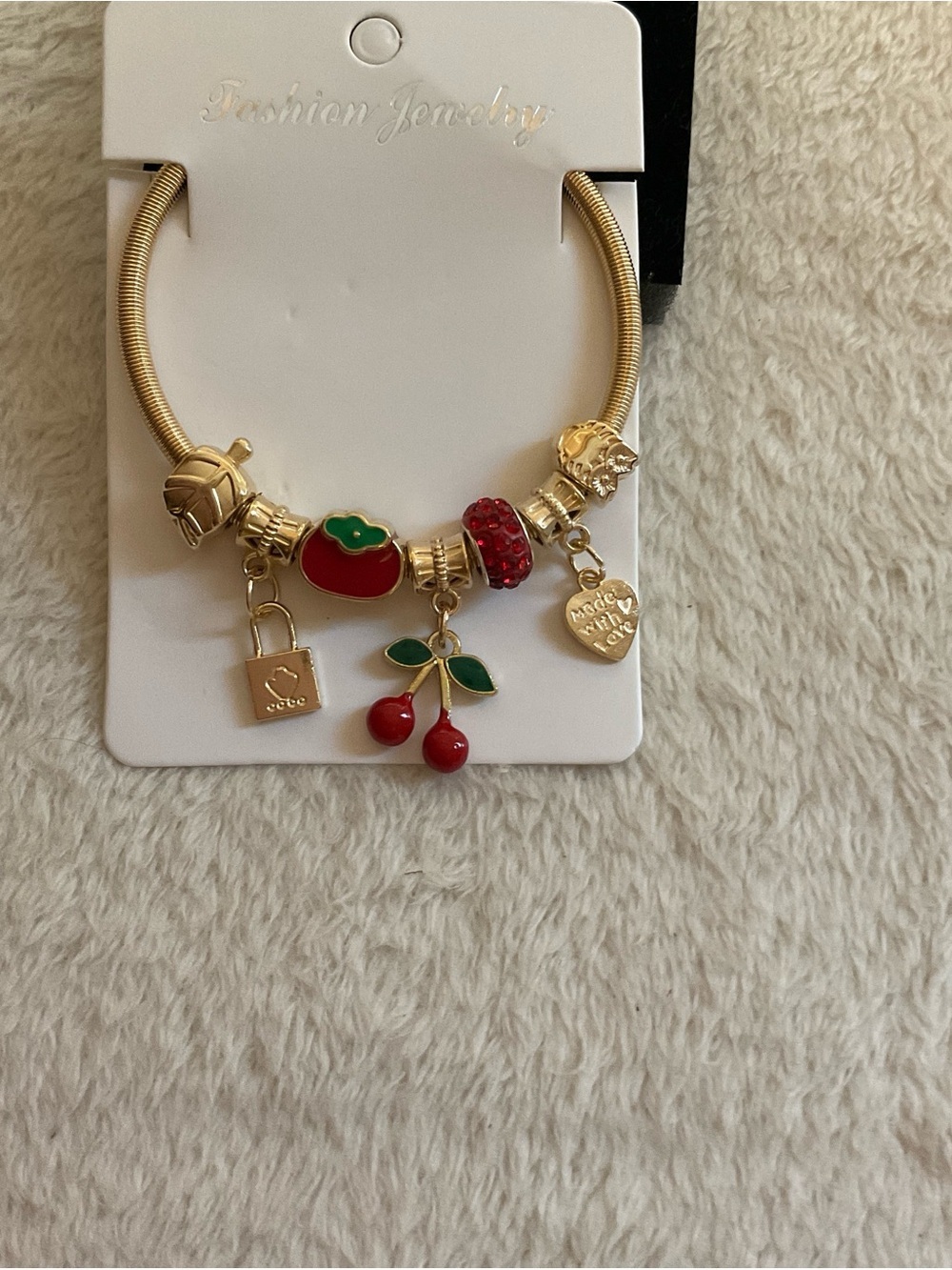 Gold Charm Bracelet with Red Cherry & Apple Charms
